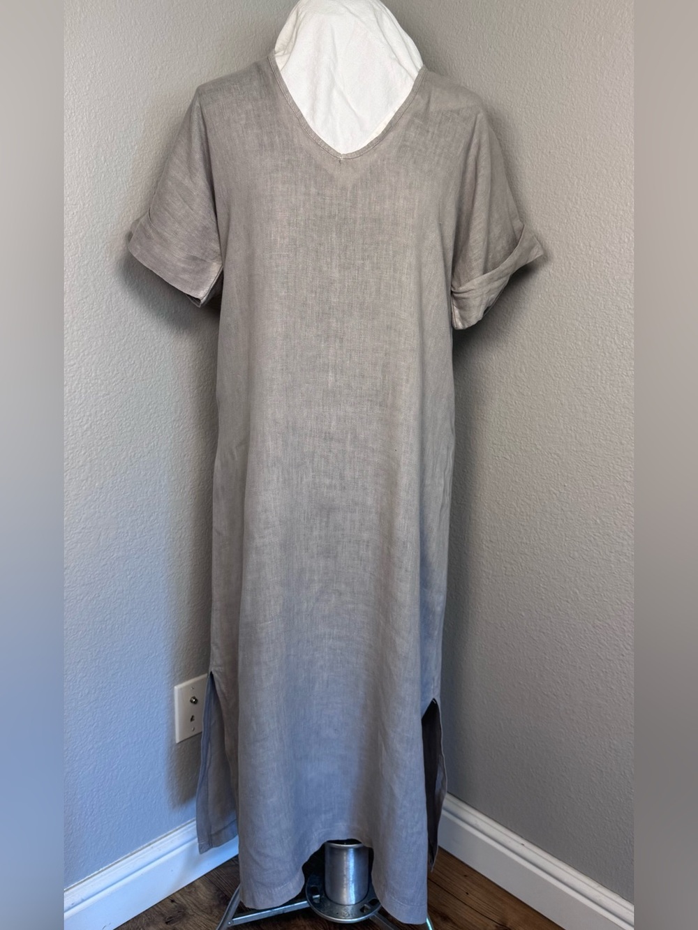 Francesca Betini Light Gray V-Neck Short Sleeve 100% Linen Shirt Dress Lagenlook